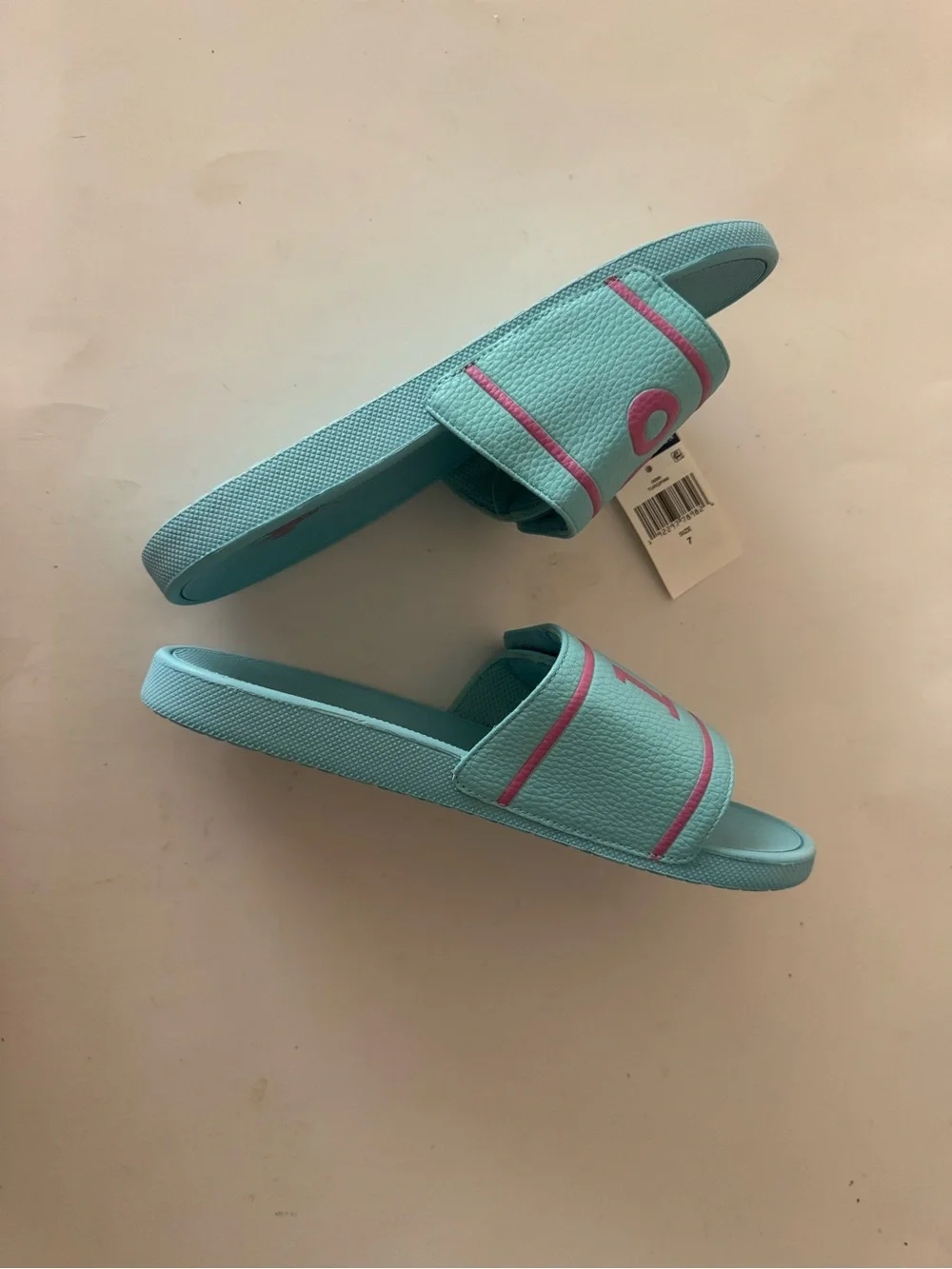 Polo Ralph Lauren Aqua Slide Sandals with Pink Logo. Size: 7